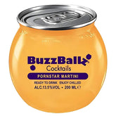 A round 200ml Buzzballz - Pornstar Martini (13.5% ALC) can, with a metal pull tab and front-printed product info, offers a refreshing cocktail experience.